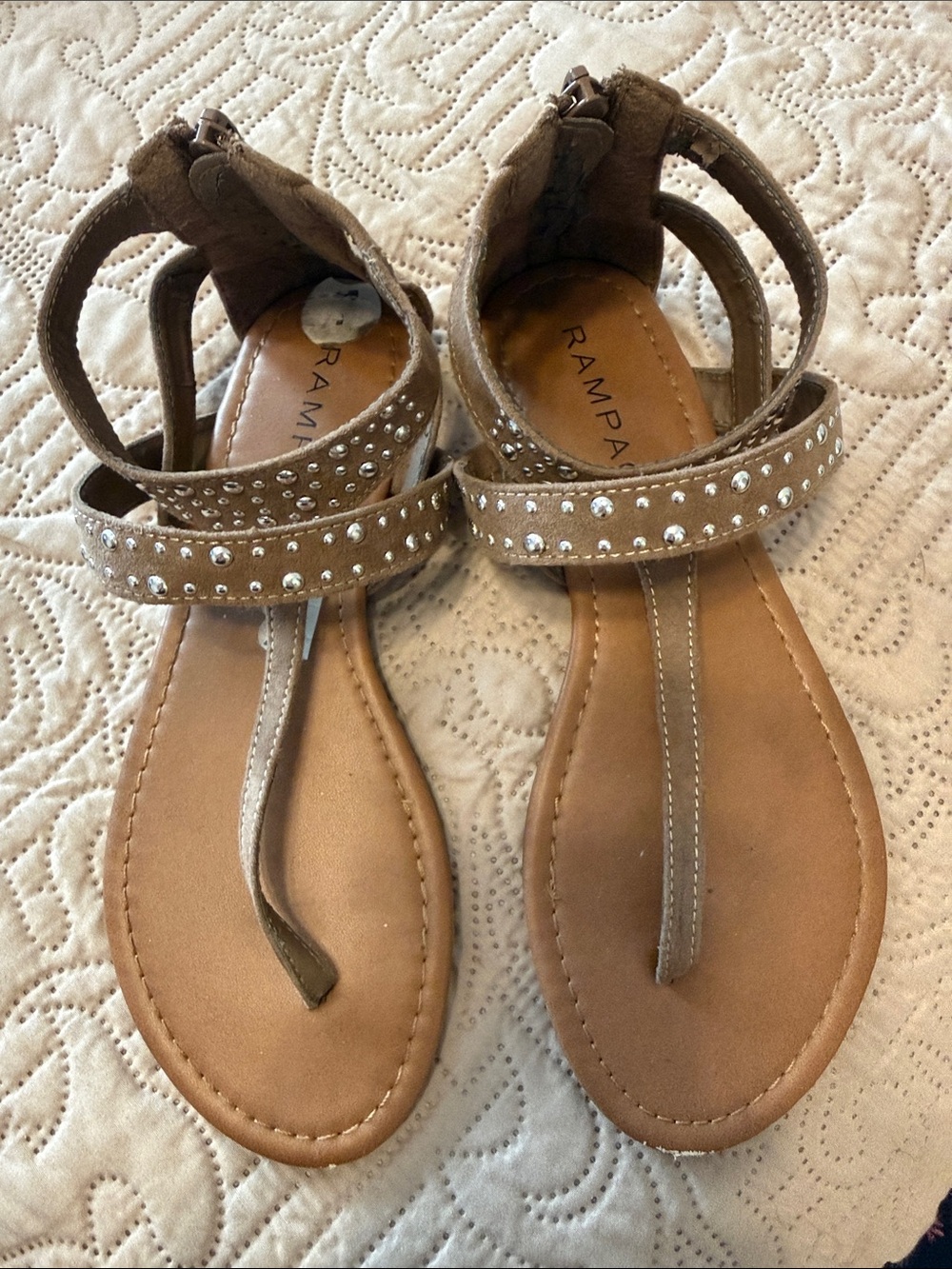 Rampage Taupe Studded T-Strap Ankle Wrap Sandals